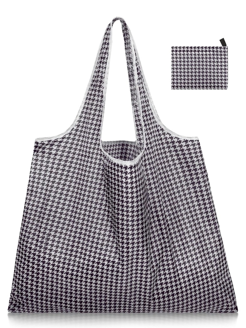 Compact Houndstooth Reusable Tote Bag - Black & White